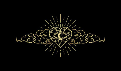 Eye of the stone heart with cloud, Magic heart, cloud and eye gold logo, spiritual guidance tarot reader design. decorative illustration tattoo