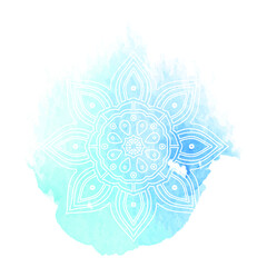 Round white mandala isolated on colorful background. Mandala on top of watercolor blotch. Beautiful pattern.