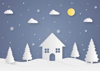 Fototapeta premium Merry christmas and happy new year paper cut card on blue background. vector illustration.
