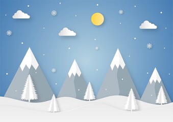 Paper cut winter landscape cartoon on blue background. vector illustration.