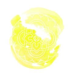 Round white mandala isolated on colorful background. Mandala on top of watercolor blotch. Beautiful pattern.