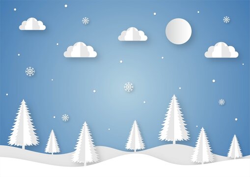 Paper cut winter landscape cartoon on blue background. vector illustration. © Sathaporn
