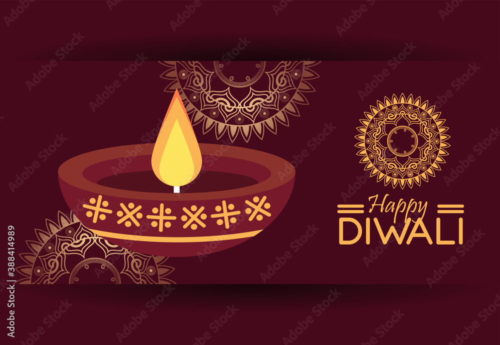 Wall mural happy diwali celebration with candle wooden and mandalas