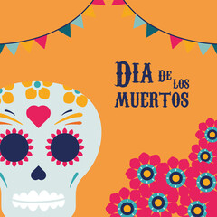 dia de los muertos poster with head skull and flowers