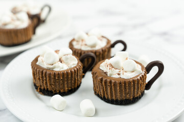 Mini chocolate cheesecake decorated with whipped cream and marshmallow like a hot cocoa drink