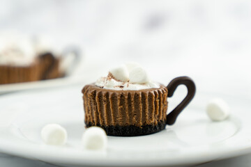 Mini chocolate cheesecake decorated with whipped cream and marshmallow like a hot cocoa drink