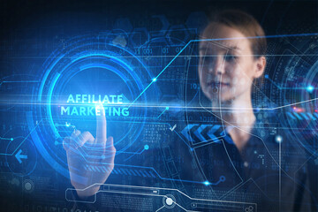 Business, technology, internet and network concept. Young businessman thinks over the steps for successful growth: Affiliate marketing