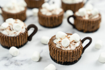 Mini chocolate cheesecake decorated with whipped cream and marshmallow like a hot cocoa drink