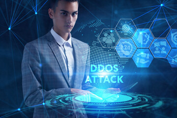 Business, technology, internet and network concept. Young businessman thinks over the steps for...
