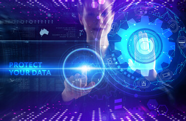Business, technology, internet and network concept. Young businessman thinks over the steps for successful growth: Protect your data