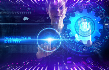 Business, technology, internet and network concept. Young businessman thinks over the steps for successful growth: Protect your identity