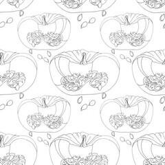 Seamless pattern black line art cut orange pumpkin and seeds on white hand-drawn. October autumn background for coloring book, halloween, card, background, wrapping