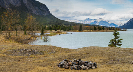 Scenery view at Abraham lake shore in autumn season. Jasper National Park, Alberta, Canada.
