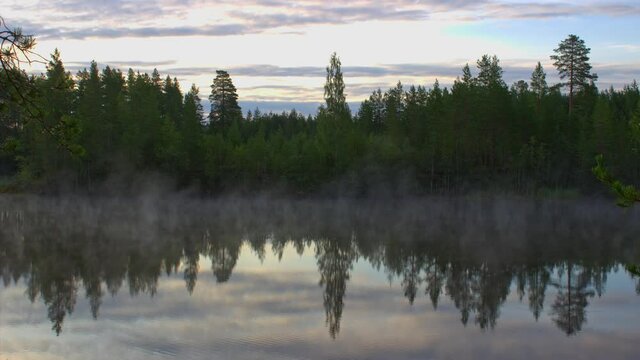 Trees by the lake and clouds in the sky reflected in morning lake, mist on the water, time-lapse