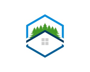 Hexagonal shape with simple house and pine tree