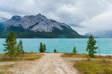 Scenery view at Abraham lake shore in autumn season, Mount Michener in the background. Jasper...