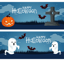 happy halloween celebration card with pumpkin and ghosts in cemetery