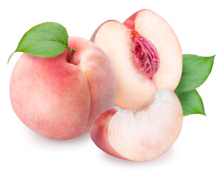 Peach fruit with leaf isolated on white background, Fresh Peach on White Background With clipping path, 