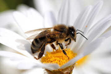 Close-up of Western Honey Bee (Apis mellifera) on white daisy, South Australia