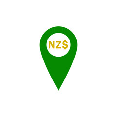 Green location pin and new zealand dollar sign on white background