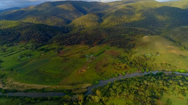 Aerial view of mountain scene near Thora, New South Wales, Australia. Zoom out