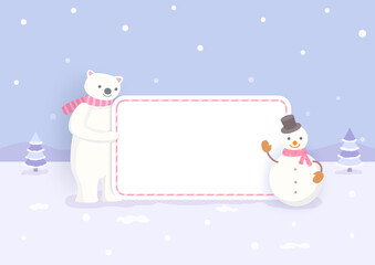 Polar bear holding blank banner with snowman for Christmas holiday