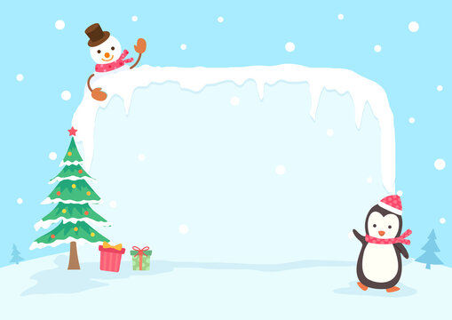 Christmas holiday with penguin and snowman snow background