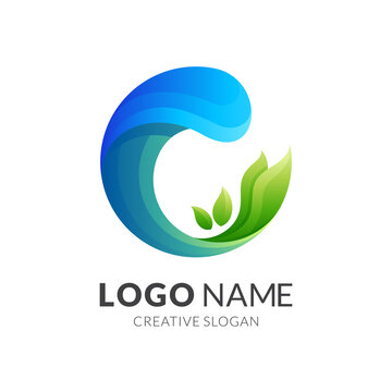 nature wave logo, wave and leaf, combination logo with 3d colorful style
