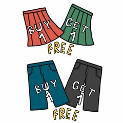 But 1 Get 1 Free pant and skirt logo cartoon vector illustration