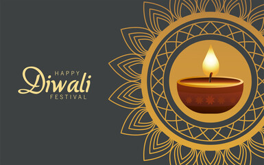 happy diwali celebration with candle wooden in mandala
