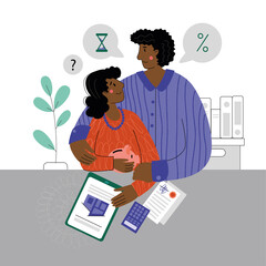 Black woman and man buying a house with a mortgage. The family buys a house with a mortgage. A young couple chooses a home. House Loan, Rent and Mortgage Concept.