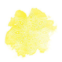 Fototapeta premium Round white mandala isolated on colorful background. Mandala on top of watercolor blotch. Beautiful pattern.