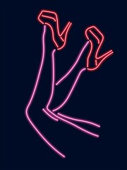 Vector illustration. Neon female legs in red shoes.