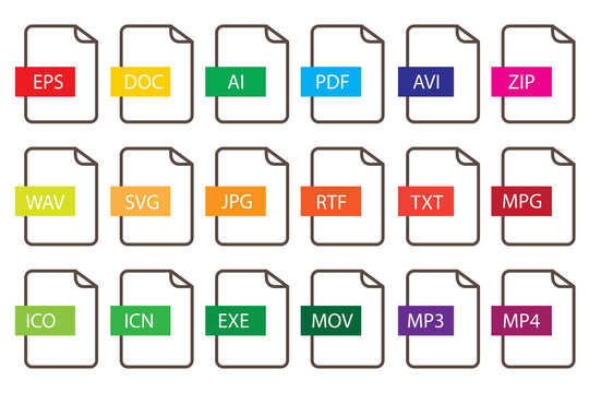 Vector icons of various file documents. Set of flat images of file extensions. Stock image. EPS10