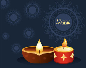 Obraz na płótnie Canvas happy diwali celebration with red and wooden candles