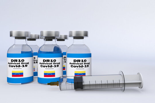 Syringe And A Container Bottle Antiviral Drug DR10, DR-10 Anti-Viral Antibody Cocktail  In The Treatment Of Coronavirus Disease 2019 COVID-19 Virus 3D RENDER Venezuela Ivic.