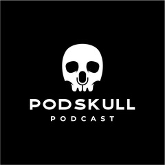 skull skeleton with mic as negative space for podcast logo design