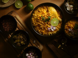 Northern Thai food, Noodles curry soup with Chicken (Khao Soi)