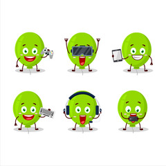 Green balloon cartoon character are playing games with various cute emoticons