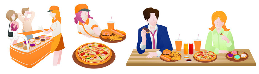 Set of people flat vector illustration. Men and women enjoy eating junkfood in Fast food restaurant at during working time. Happiness moment