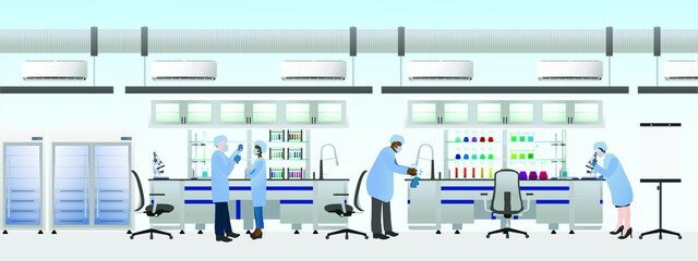 Scientists team wearing laboratory suit for making chemical experiments; Science lab flat vector illustration.
