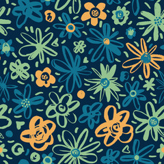 Summer background with bright flowers on a black background. Seamless vector pattern.