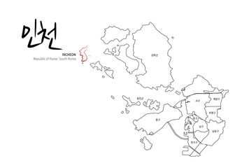 Incheon Map. Map by Administrative Region of Korea and Calligraphy by Geographical Names.