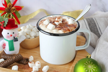 Hot chocolate with Marshmallows in white mug : Perfect drink for Christmas and holiday concept