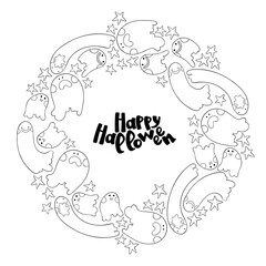Happy Halloween. Lettering. Holiday card. Cute ghosts. Cartoon round frame - wreath. Isolated vector object on white background.