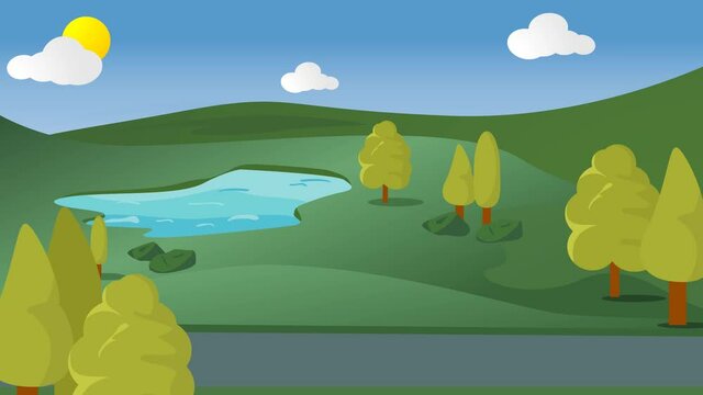 animated cartoon videos. The video animation depicts a lake in the middle of a green hill.