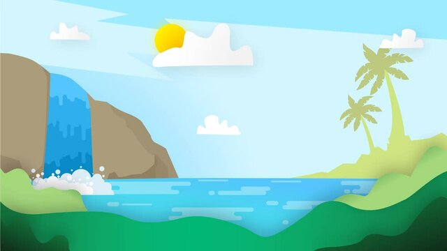 cartoon animation videos. animated video depicting a wide river and a high waterfall.