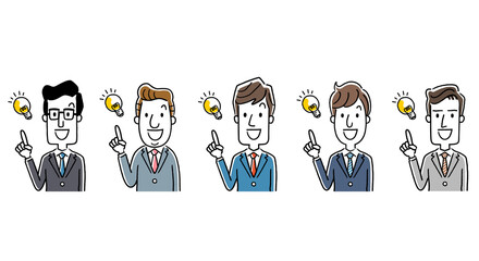 イラスト素材：ビジネスマン、アイデア、思いつく男性、セット、コレクション
