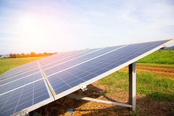 close up and selective focus short of solar cell panel installed in remote area for generating electricity for living and agriculture shows alternative power to eliminate pollution for climate change