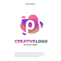 Letter P logo with colorful splash background, letter combination logo design for creative industry, web, business and company.